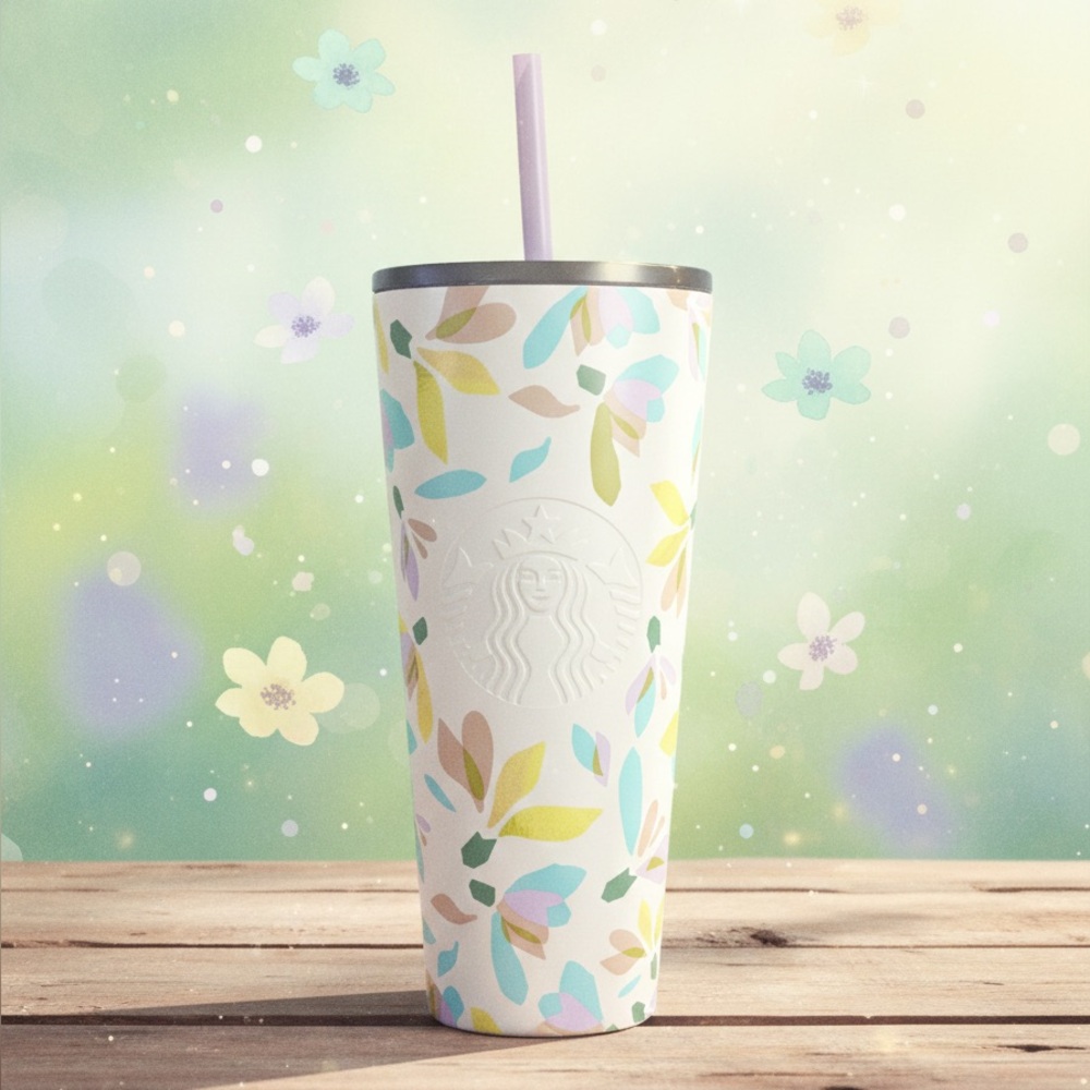 New 2023 Starbucks Winter Stainless Steel White & Blue Floral Tumbler 24 OZ